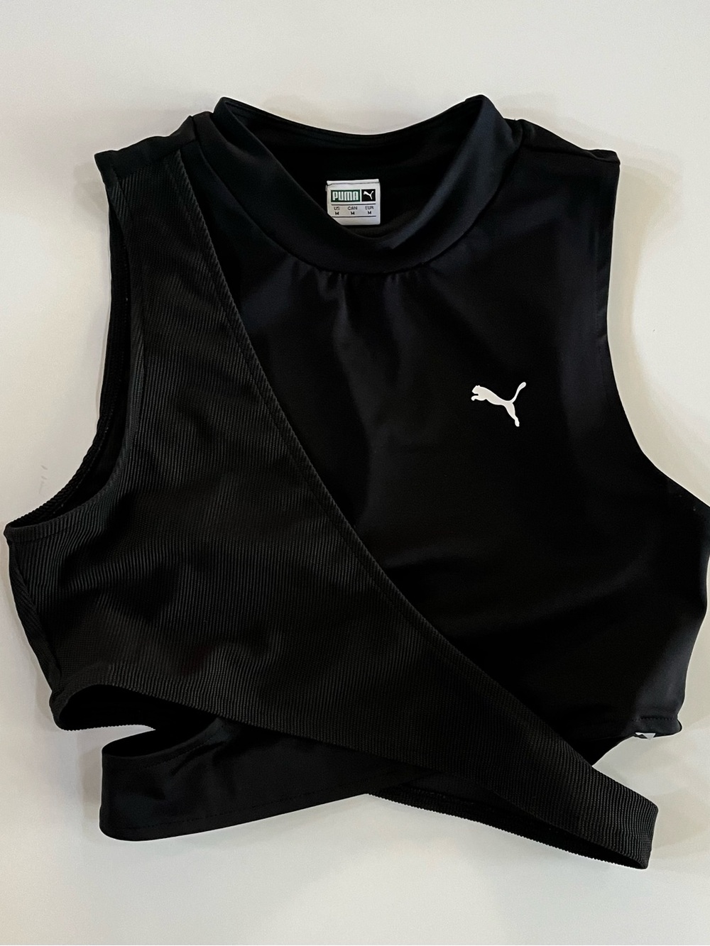 Puma Black Women's Athletic Asymmetric Cross Over Tank Crop Top size Medium